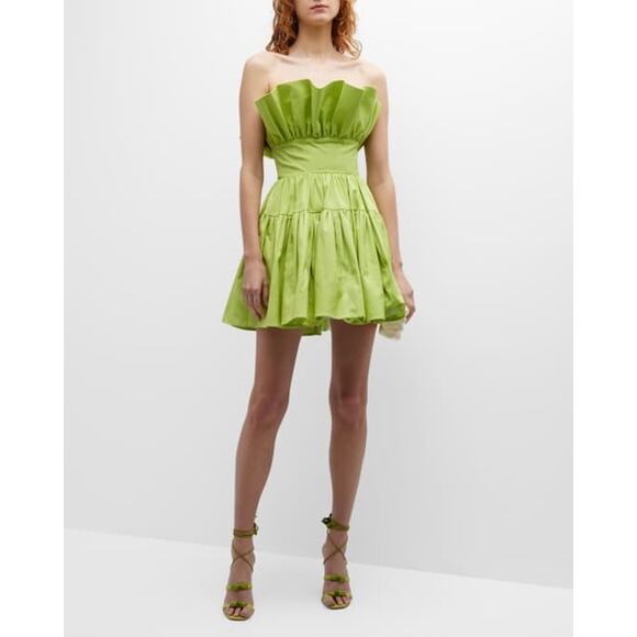 Sau Lee Lime Green Nia Pleated Strapless Cotton Mini Dress...